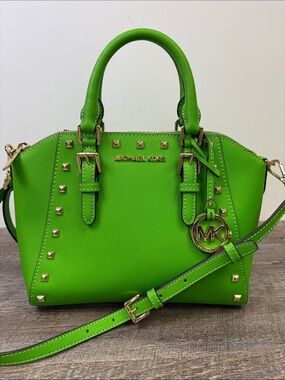Michael Kors Ciara Studded Saffiano Leather Satchel Crossbody Bag – Neon Green